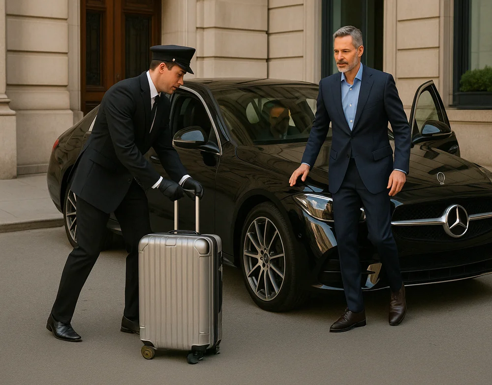 Chauffeur en uniforme accueillant un client devant une Mercedes noire